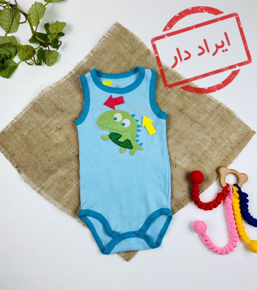 ایراد دار _ بادی نوزادی آستین تاپ طرح ماهی بادی حلقه ای یقه گرد آبی رنگ - 9 ماه