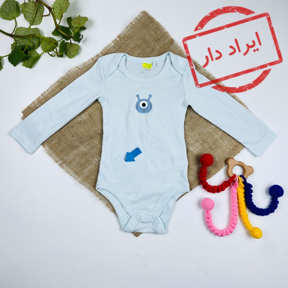 ایراد دار _ بادی نوزادی آستین بلند طرح تک چشم یقه گرد بدون دکمه آبی روشن رنگ - 6 تا 12 ماه