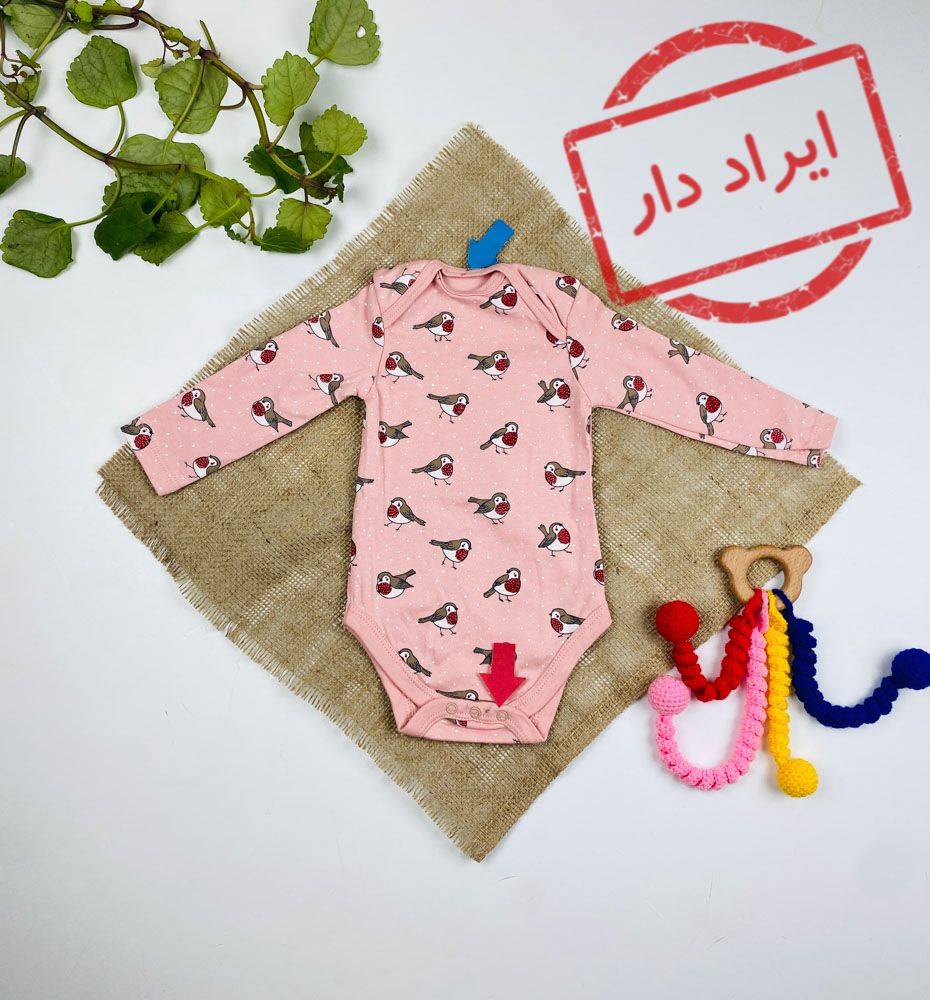 ایراد دار _ بادی نوزادی دخترانه آستین بلند برند C and A طرح پرنده یقه گرد صورتی رنگ - 2 تا 3 ماه