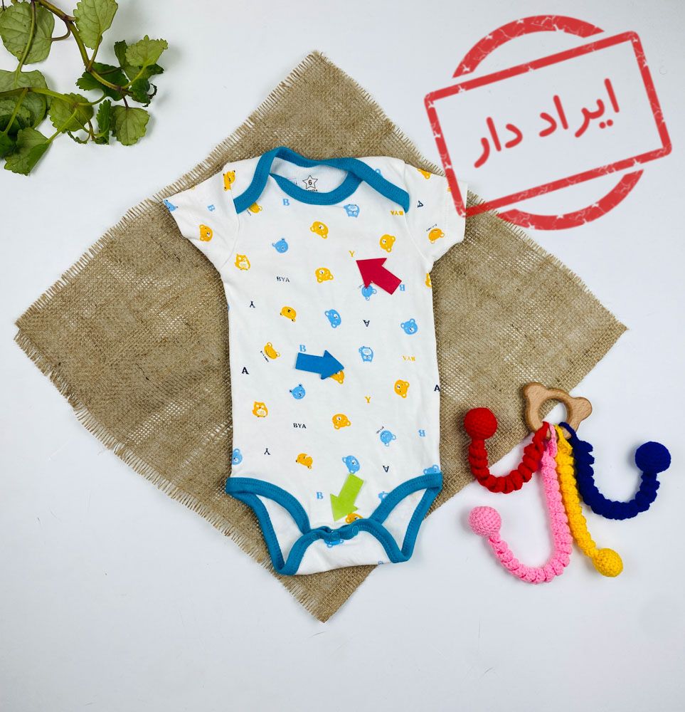 ایراد دار _ بادی نوزادی آستین کوتاه طرح خرس خرسی بادی یقه گرد بدون دکمه سفید رنگ - 6 ماه