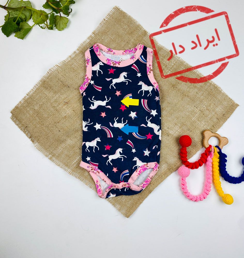 ایراد دار _ بادی نوزادی دخترانه آستین تاپ طرح یونیکورم و ستاره بادی حلقه ای یقه گرد سورمه ای رنگ - 6 ماه