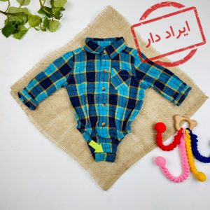 ایراد دار _ بادی نوزادی پسرانه آستین بلند طرح چهارخونه ای جیب دار بادی پسرونه دکمه ای یقه دار سورمه ای رنگ - 3 ماه