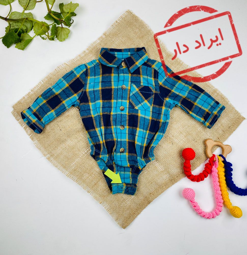 ایراد دار _ بادی نوزادی پسرانه آستین بلند طرح چهارخونه ای جیب دار بادی پسرونه دکمه ای یقه دار سورمه ای رنگ - 3 ماه