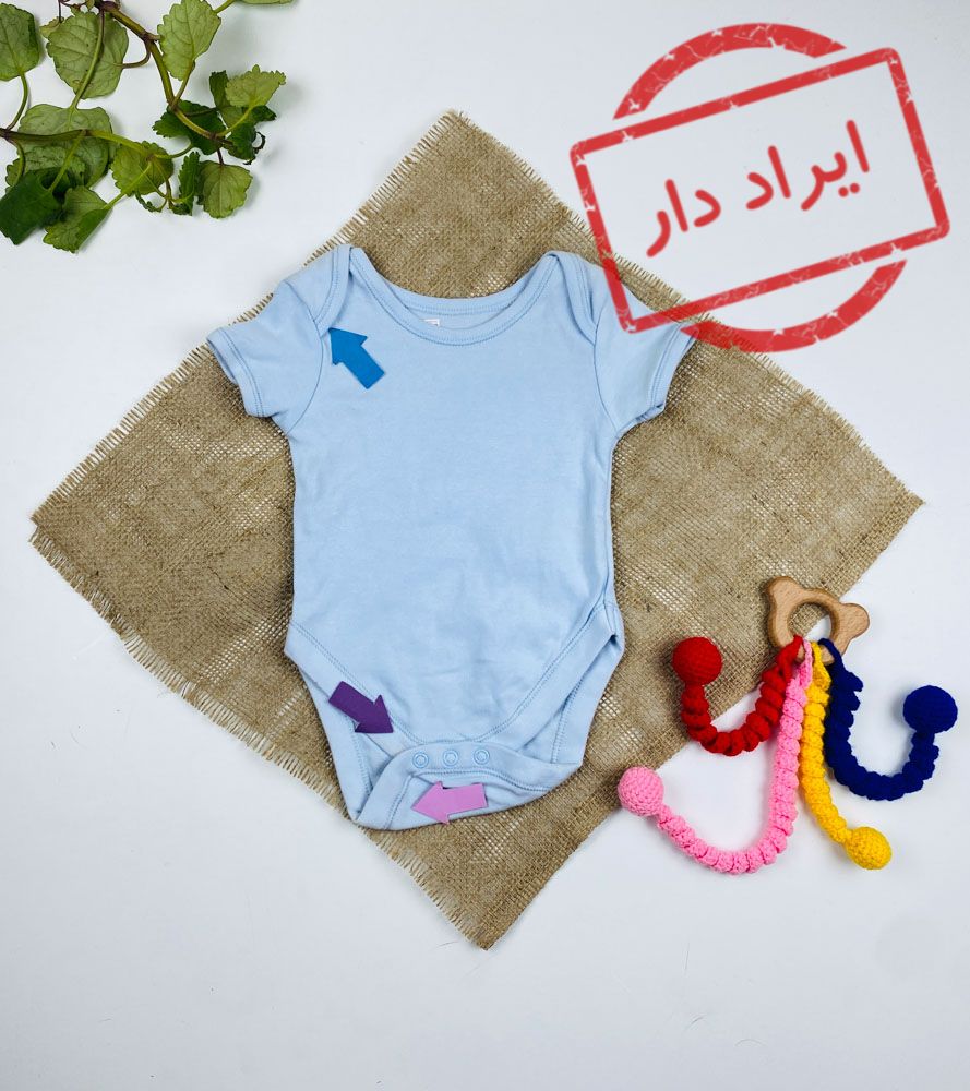 ایراد دار _ بادی نوزادی آستین کوتاه طرح ساده بقه گرد ساده بدون دکمه آبی آسمانی رنگ - 0 تا 3 ماه