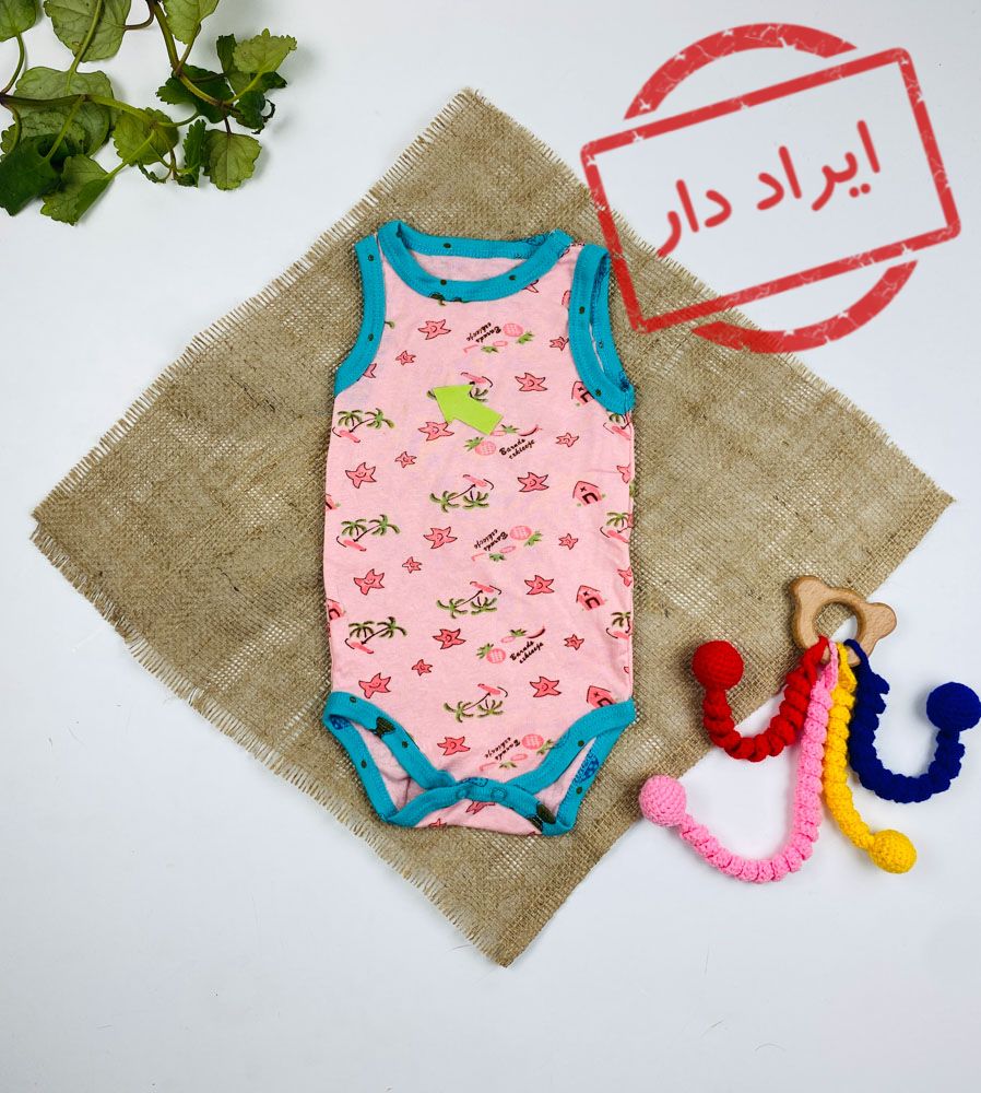 ایراد دار _ بادی نوزادی آستین تاپ طرح ستاره،نخل،خونه تاپ حلقه ای یقه گرد صورتی رنگ - 6 ماه