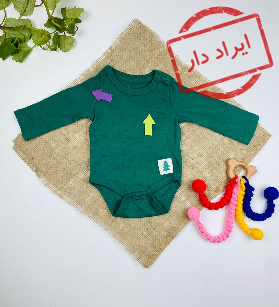 ایراد دار _ بادی نوزادی آستین بلند طرح کاج ساده یقه گرد دکمه ای سبز رنگ - 0 تا 3 ماه