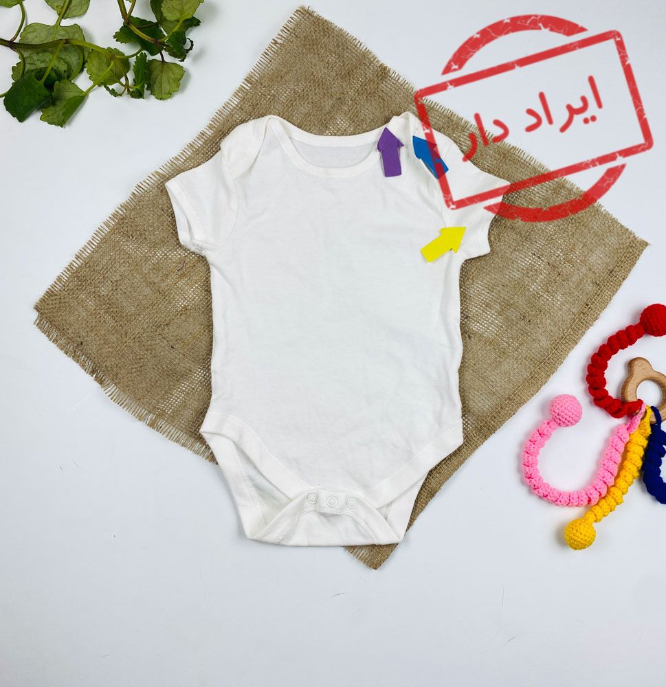 ایراد دار _ بادی نوزادی آستین کوتاه طرح ساده یقه گرد بدون دکمه سفید رنگ - 6 تا 12 ماه