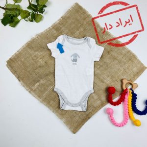 ایراد دار _ بادی نوزادی آستین کوتاه برند Obaibi طرح خرگوش طوسی یقه گرد بدون دکمه سفید رنگ - 0 تا 1 ماه