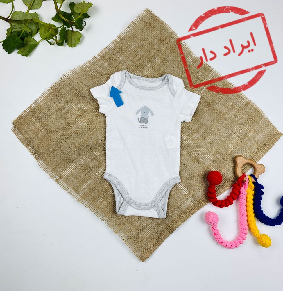 ایراد دار _ بادی نوزادی آستین کوتاه برند Obaibi طرح خرگوش طوسی یقه گرد بدون دکمه سفید رنگ - 0 تا 1 ماه