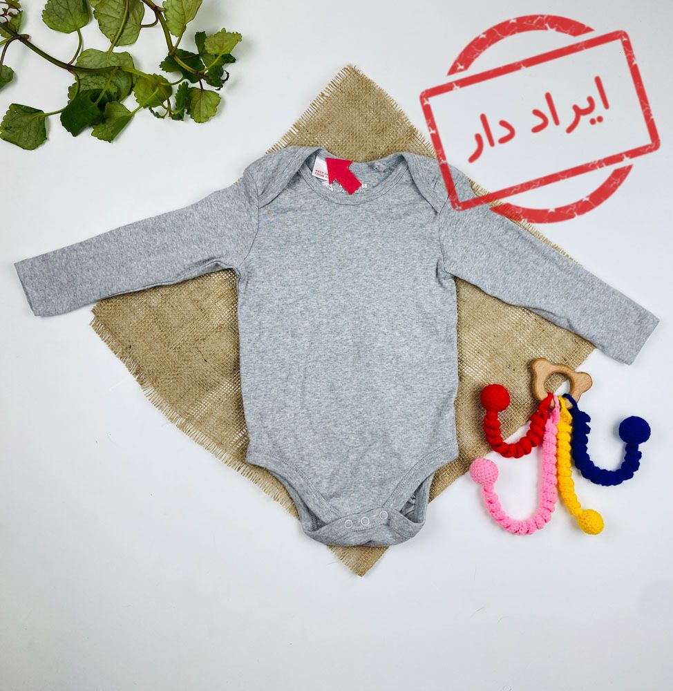 ایراد دار _ بادی نوزادی آستین بلند برند لوپیلو طرح ساده یقه گرد بدون دکمه طوسی رنگ - 6 تا 12 ماه