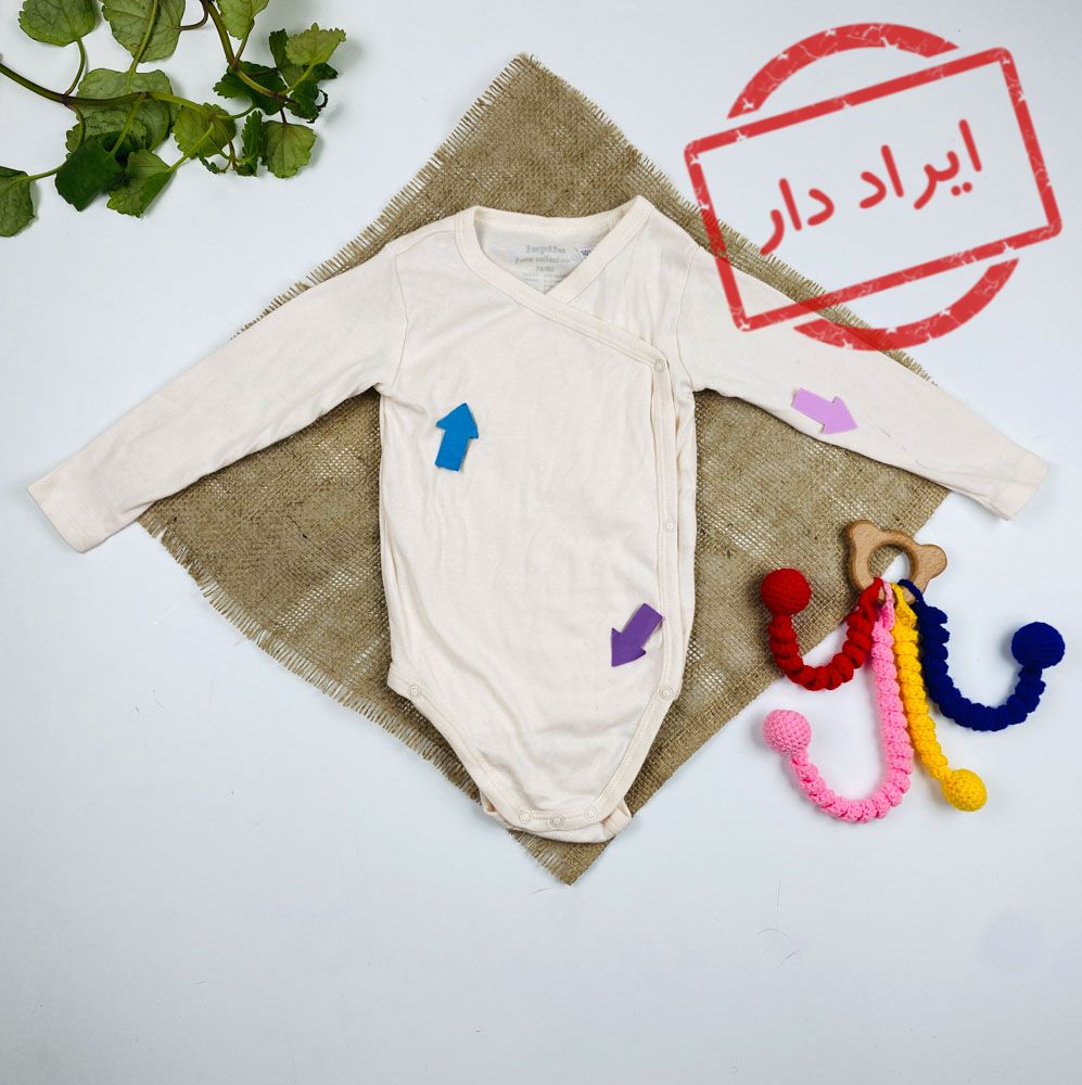 ایراد دار _ بادی نوزادی آستین بلند برند لوپیلو طرح ساده بادی یقه هفت جلو کج دکمه ای صورتی کمرنگ - 6 تا 12 ماه