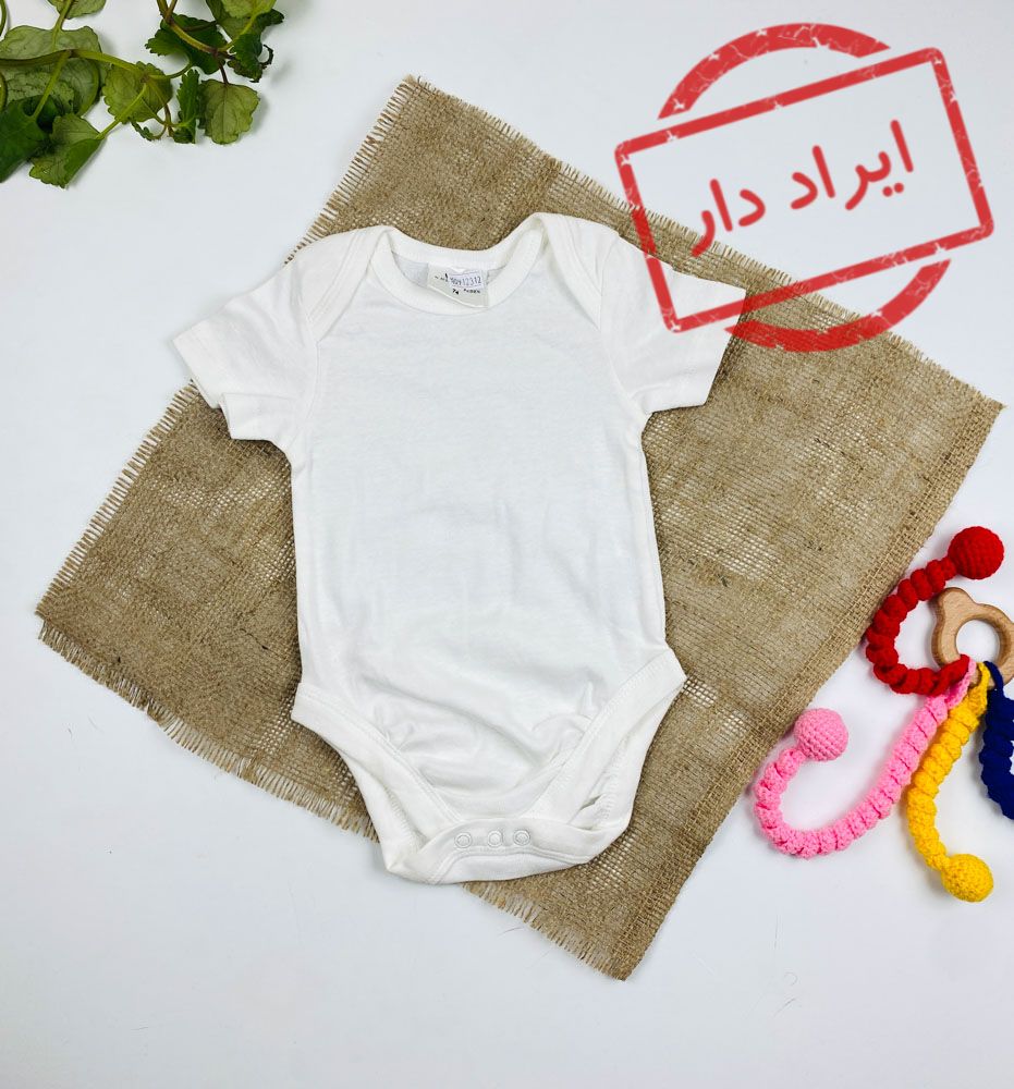 ایراد دار _ بادی نوزادی آستین کوتاه طرح ساده یقه گرد بدون دکمه سفید رنگ - 6 ماه