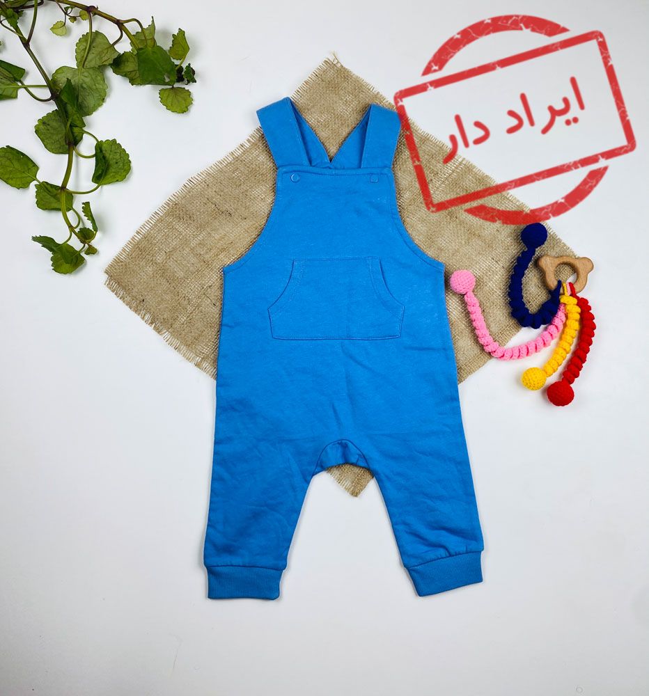 ایراد دار _ بیلر نوزادی آستین تاپ برند h and m طرح ساده مدل پیش بندی جلو جیب دار آبی روشن رنگ