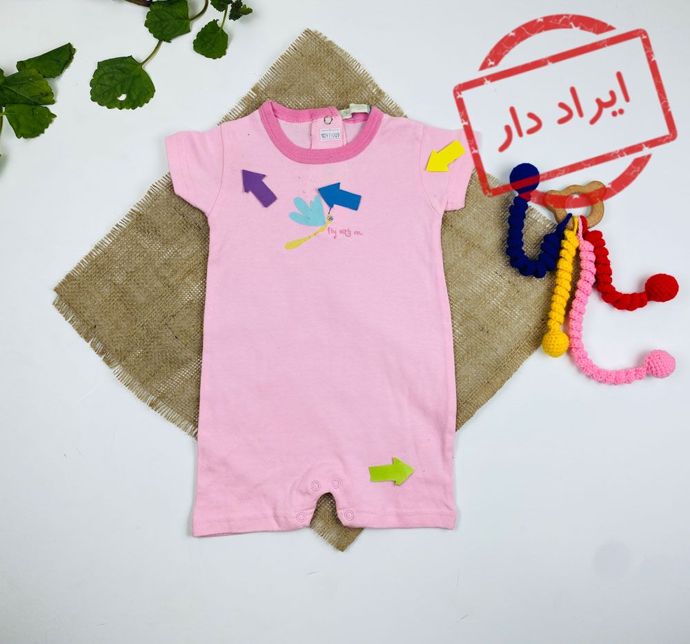 ایراد دار _ رامپر نوزادی دخترانه آستین کوتاه طرح پروانه یقه گرد جلو بسته صورتی رنگ - 6 تا 9 ماه