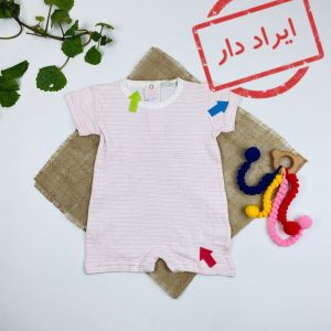 ایراد دار _ رامپر نوزادی آستین کوتاه طرح ساده راه راه یقه گرد جلو بسته سفید رنگ - 6 تا 9 ماه