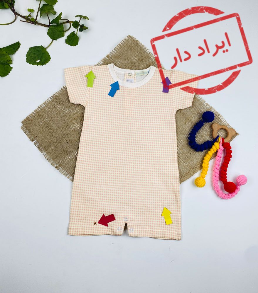 ایراد دار _ رامپر نوزادی آستین کوتاه طرح ساده راه راه مربعی یقه گرد گلبهی رنگ - 9 تا 12 ماه