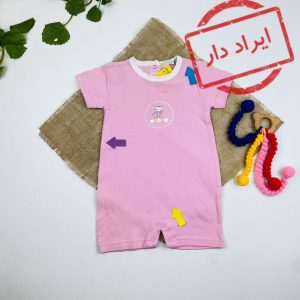 ایراد دار _ رامپر نوزادی دخترانه آستین کوتاه طرح موش و سه گل یقه گرد دکمه ای صورتی رنگ