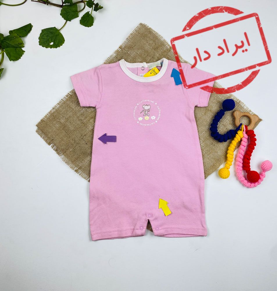 ایراد دار _ رامپر نوزادی دخترانه آستین کوتاه طرح موش و سه گل یقه گرد دکمه ای صورتی رنگ