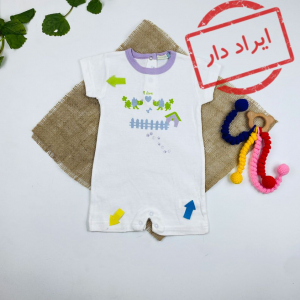 ایراد دار _ رامپر نوزادی دخترانه آستین کوتاه طرح طرح کلبه یقه گرد پشت دکمه ای سفید رنگ
