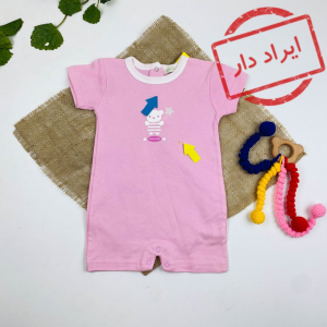 ایراد دار _ رامپر نوزادی دخترانه آستین کوتاه طرح خرس با چوب ستاره یقه گرد پشت دکمه ای صورتی رنگ