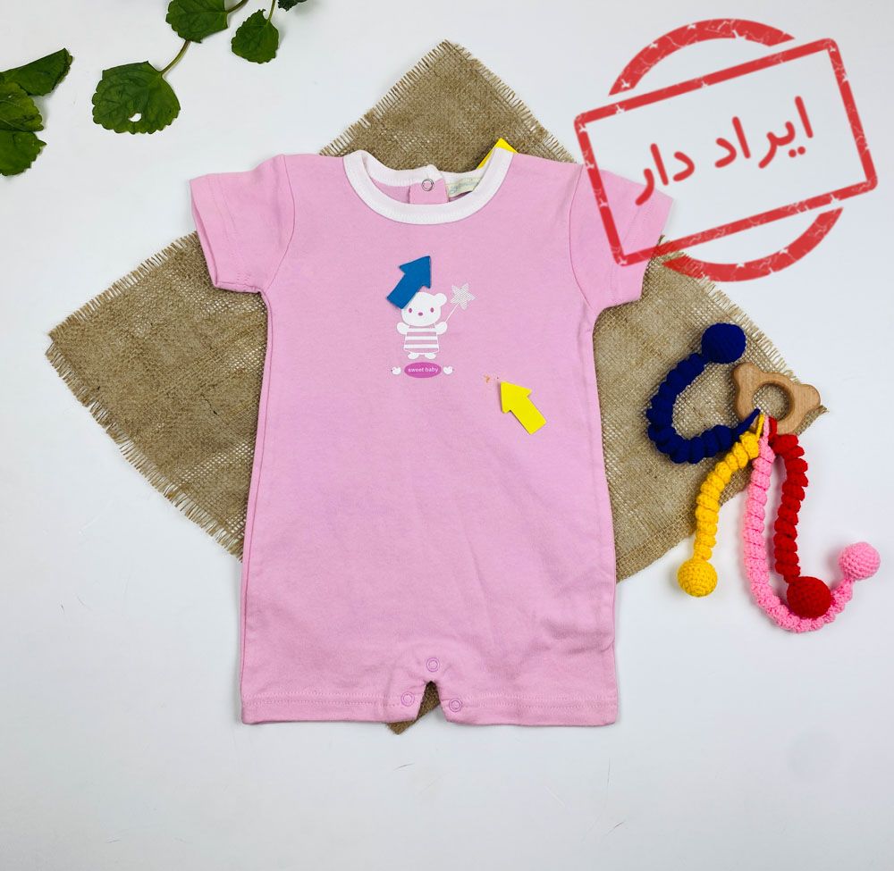 ایراد دار _ رامپر نوزادی دخترانه آستین کوتاه طرح خرس با چوب ستاره یقه گرد پشت دکمه ای صورتی رنگ