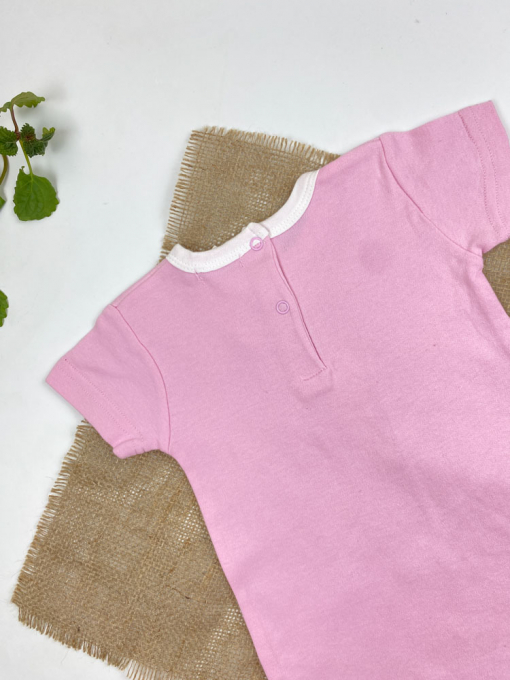 ایراد دار _ رامپر نوزادی دخترانه آستین کوتاه طرح خرس با چوب ستاره یقه گرد پشت دکمه ای صورتی رنگ