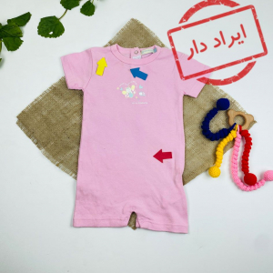 ایراد دار _ رامپر نوزادی دخترانه آستین کوتاه طرح پروانه یقه گرد پشت دکمه ای صورتی رنگ