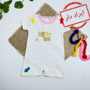 ایراد دار _ رامپر نوزادی آستین کوتاه طرح فیل یقه گرد پشت دکمه ای سفید رنگ