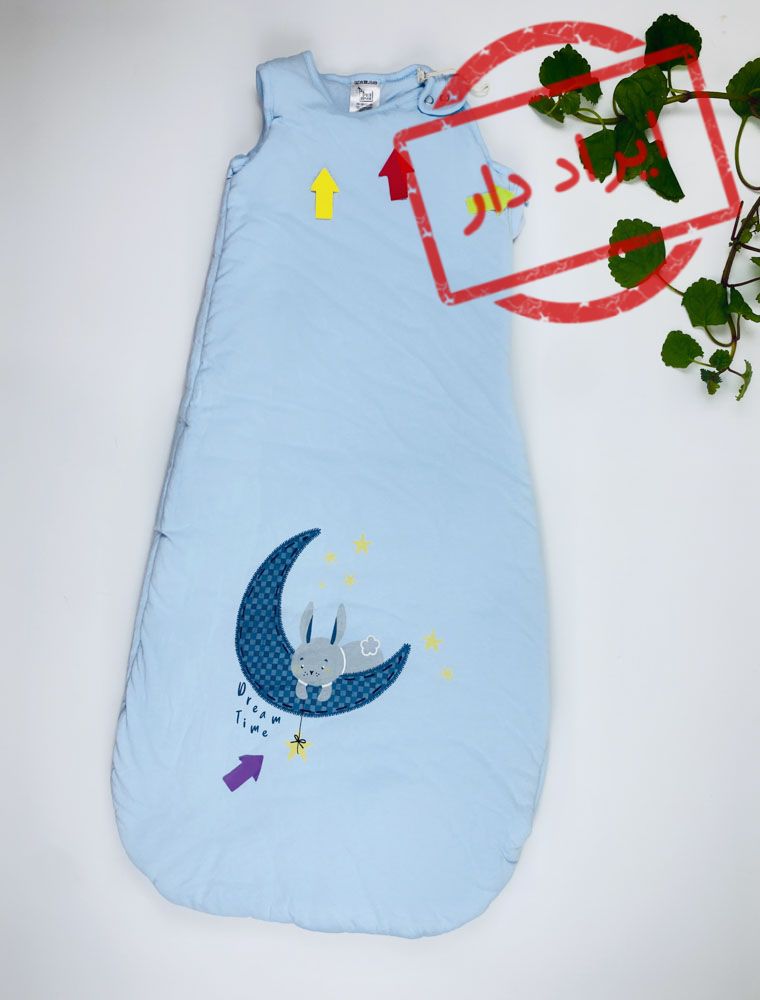 ایراد دار _ کیسه خواب نوزادی آستین تاپ طرح خرگوش و ماه جلوبسته بغل زیپی آبی آسمانی رنگ - 18 تا 24 ماه