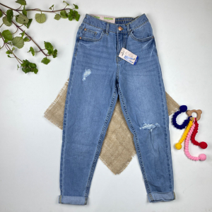 شلوار جین mom fit برند pepperts طرح زاپ دار کمر کش آبی روشن رنگ