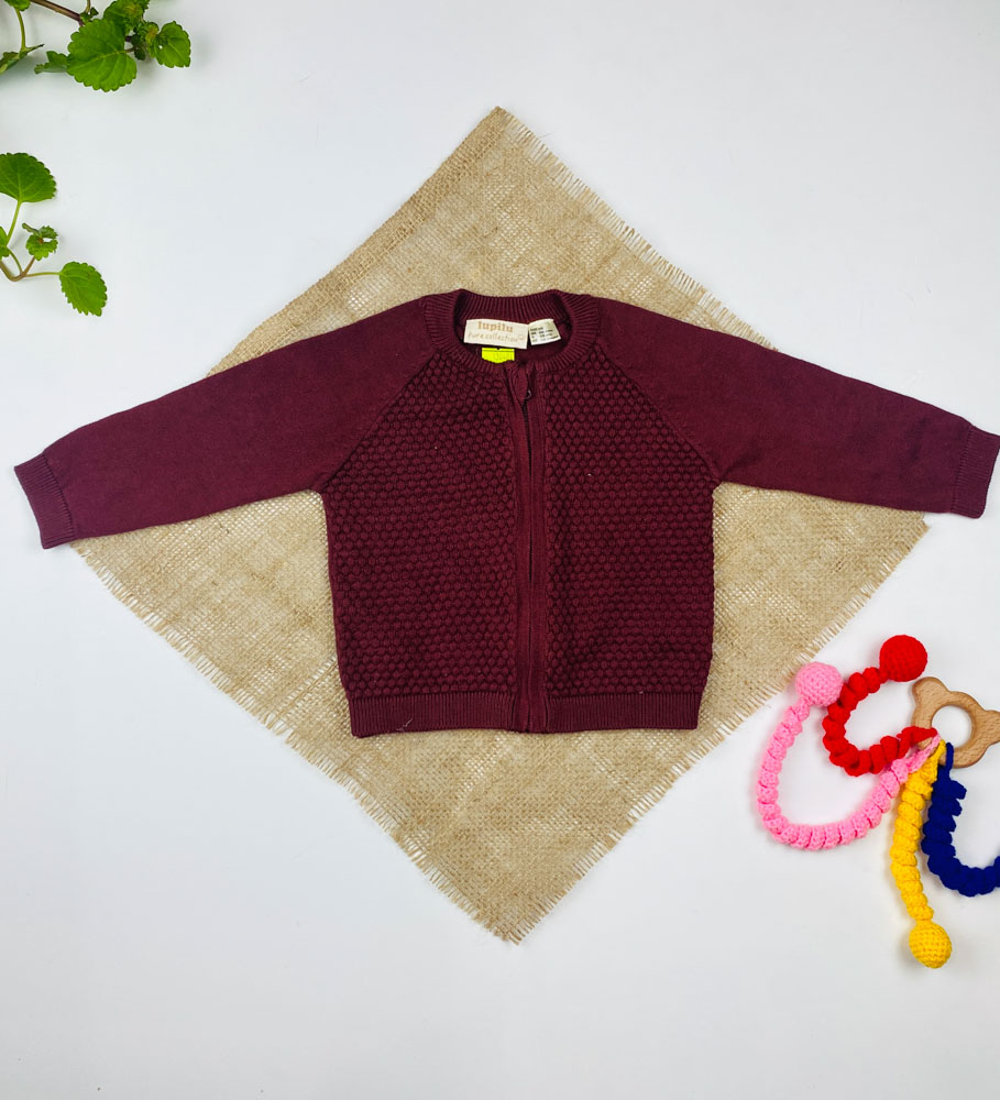 سویشرت نوزادی آستین بلند برند لوپیلو طرح مدل بافته زیپی یقه گرد جگری رنگ - 2 تا 6 ماه