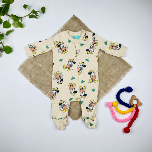 سرهمی نوزادی آستین بلند طرح مینی موس جلو دکمه ای جورابی کرم خاکی رنگ - 1 تا 2 ماه