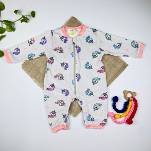 سرهمی نوزادی دخترانه آستین بلند طرح یونیکورن جلو زیپ دار بدون جوراب سفید رنگ - 12 ماه