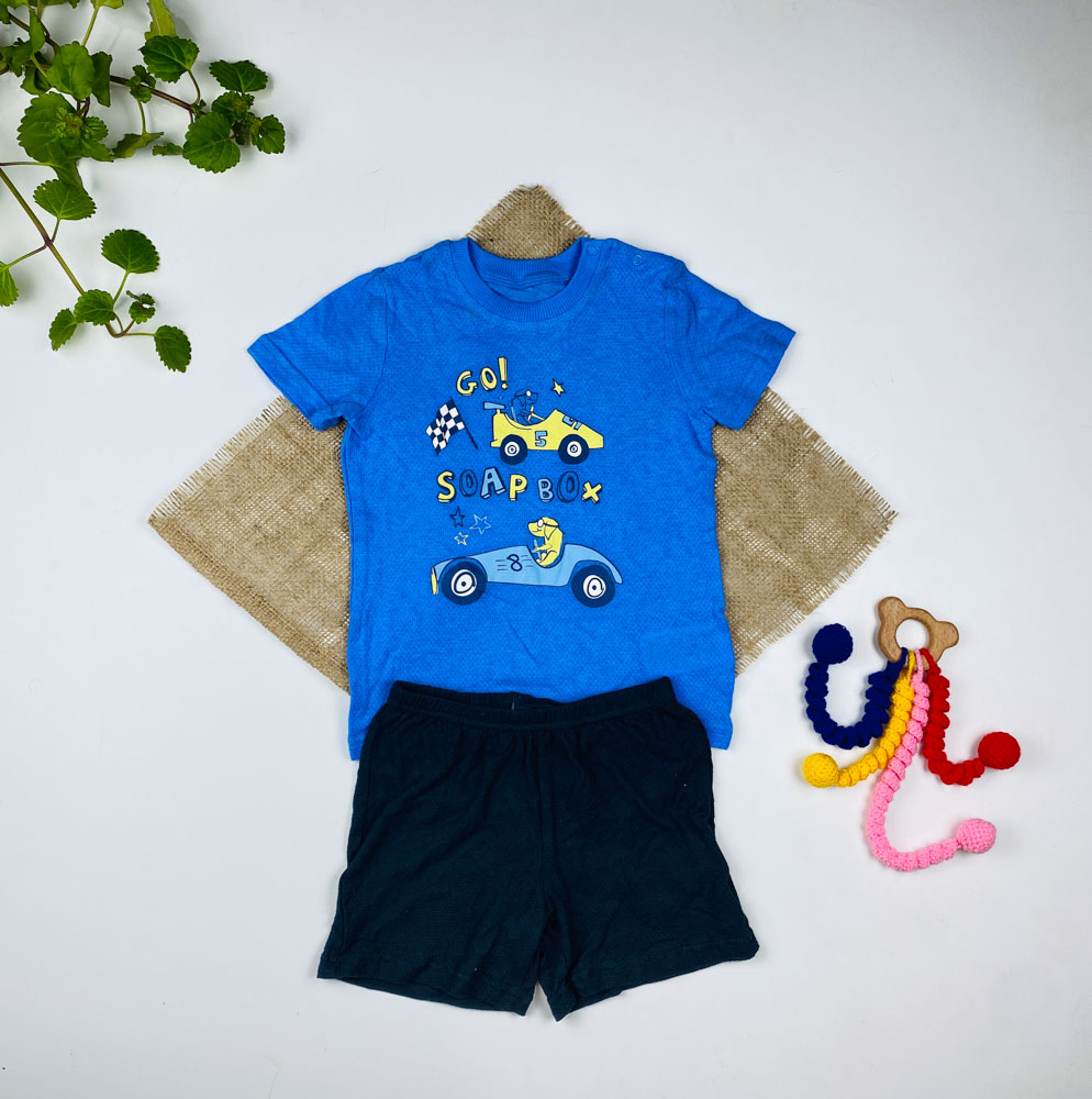 ست تیشرت و شورتک نوزادی پسرانه آستین کوتاه برند لوپیلو طرح ماشین یقه گرد دو دکمه ای آبی آسمانی رنگ - 12 تا 24 ماه