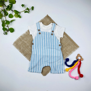 ست بیلر و تیشرت نوزادی آستین کوتاه برند لوپیلو طرح بیلر شورتکی بیلر راه راه آبی روشن رنگ