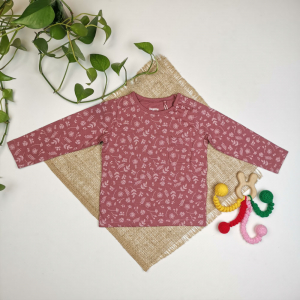 بلوز نوزادی دخترانه آستین بلند برند لوپیلو طرح برگ سرشانه دکمه دار کالباسی پررنگ