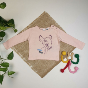بلوز نوزادی دخترانه آستین بلند برند دیزنی طرح آهو سرشانه دکمه دار صورتی کمرنگ - 2 تا 6 ماه
