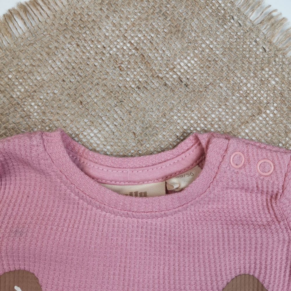 بلوز بیسکوییتی نوزادی دخترانه آستین بلند برند لوپیلو طرح خرسی سرشانه دکمه دار صورتی رنگ - 0 تا 2 ماه