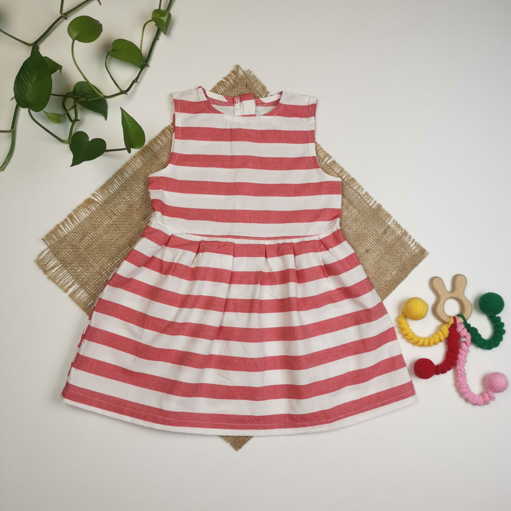 پیراهن دامنی دخترانه آستین تاپ طرح راه راه زیپی قرمز رنگ