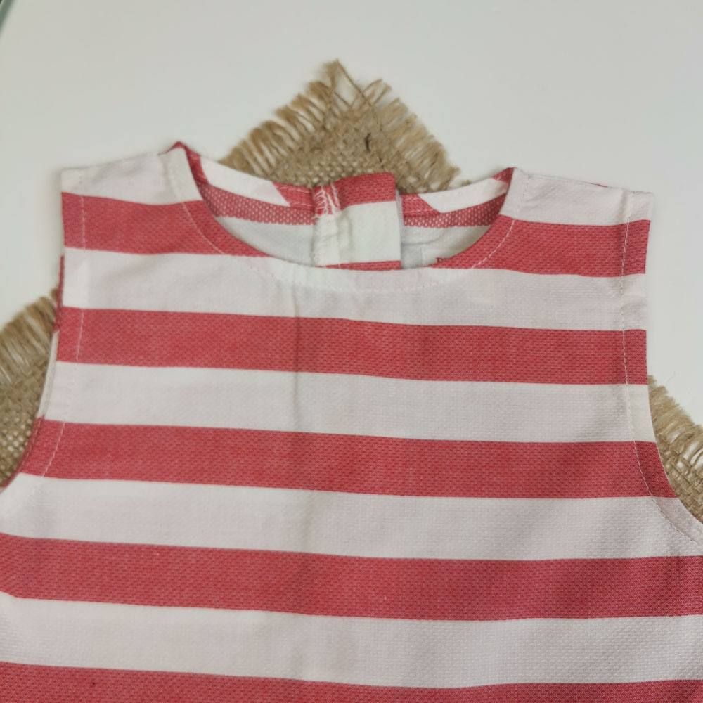 پیراهن دامنی دخترانه آستین تاپ طرح راه راه زیپی قرمز رنگ