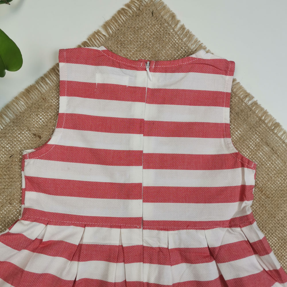 پیراهن دامنی دخترانه آستین تاپ طرح راه راه زیپی قرمز رنگ