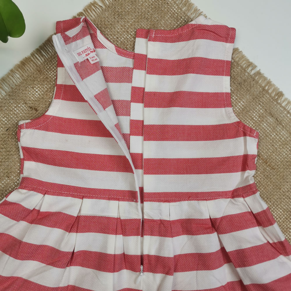 پیراهن دامنی دخترانه آستین تاپ طرح راه راه زیپی قرمز رنگ