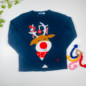 بلوز آستین بلند طرح گوزن کیریسمسی یقه گرد سرمه ای رنگ - 12 تا 14 سال