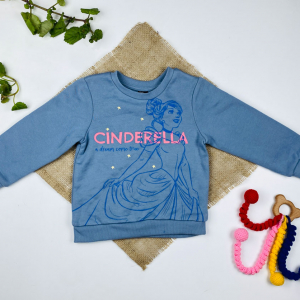 بلوز نوزادی دخترانه آستین بلند طرح یقه گرد پرنسس نیلی رنگ - 18 تا 24 ماه