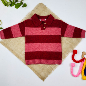 بلوز نوزادی آستین بلند طرح راه راه یقه دکمه ای زرشکی رنگ - 0 تا 3 ماه