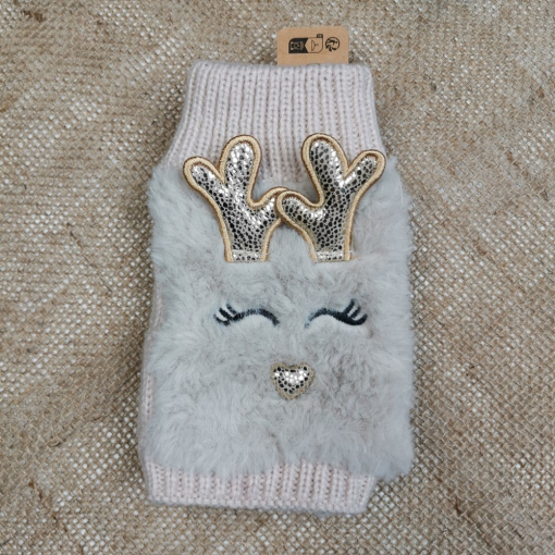 دستکش بافت دخترانه طرح گوزن نیم انگشتی طوسی روشن رنگ - فری سایز - Image 2