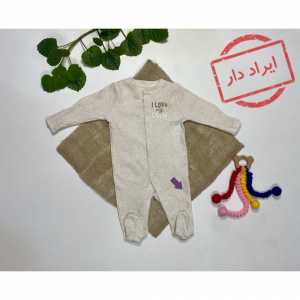 ایراد دار _ سرهمی نوزادی آستین بلند طرح ساده طرح نوشته دارد جلودکمه جورابی کرمی رنگ  - 6 تا 9 ماه
