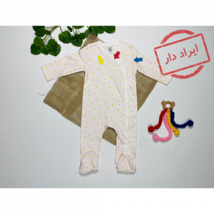 ایراد دار _ سرهمی نوزادی دخترانه آستین بلند برند C and A طرح راه راه پروانه جلو دکمه ای جورابی صورتی رنگ  - 6 تا 9 ماه