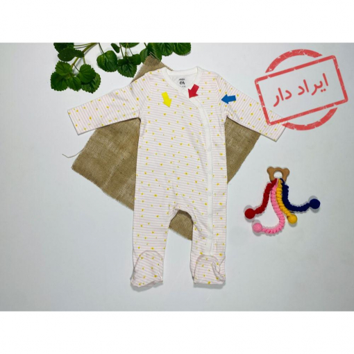 ایراد دار _ سرهمی نوزادی دخترانه آستین بلند برند C and A طرح راه راه پروانه جلو دکمه ای جورابی صورتی رنگ  - 6 تا 9 ماه