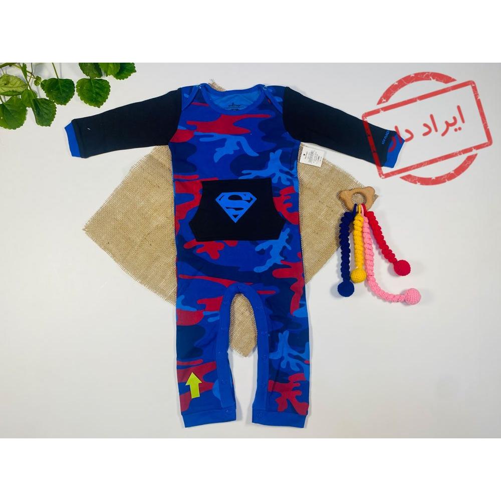 ایراد دار _ سرهمی نوزادی پسرانه آستین بلند طرح مدل چریکی جلو بسته بدون جوراب جلو جیب دار آبی رنگ  - 12 تا 18 ماه